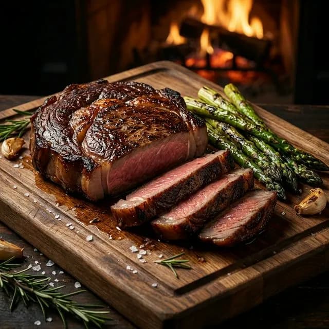 Perfectly seared ribeye steak sliced on a rustic wooden cutting board with asparagus and rosemary