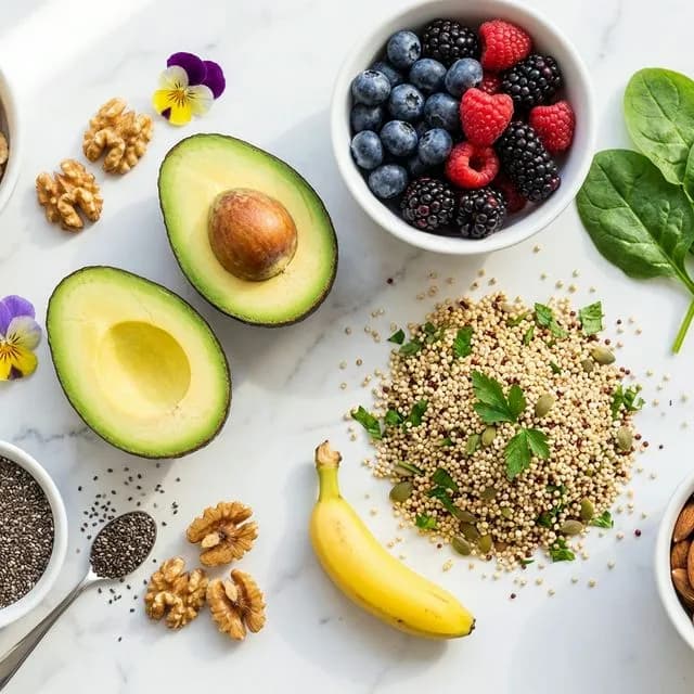 A vibrant spread of whole, nutrient-dense foods including salmon, leafy greens, nuts, and colorful vegetables